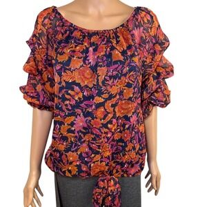 CeCe Orange & Navy Floral‎ Tiered Ruffle Sleeve Tie Waist Top Blouse Shirt Small
